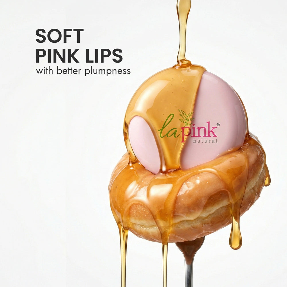 Lip balm with caramel drizzle and 'La Pink' branding on a white background