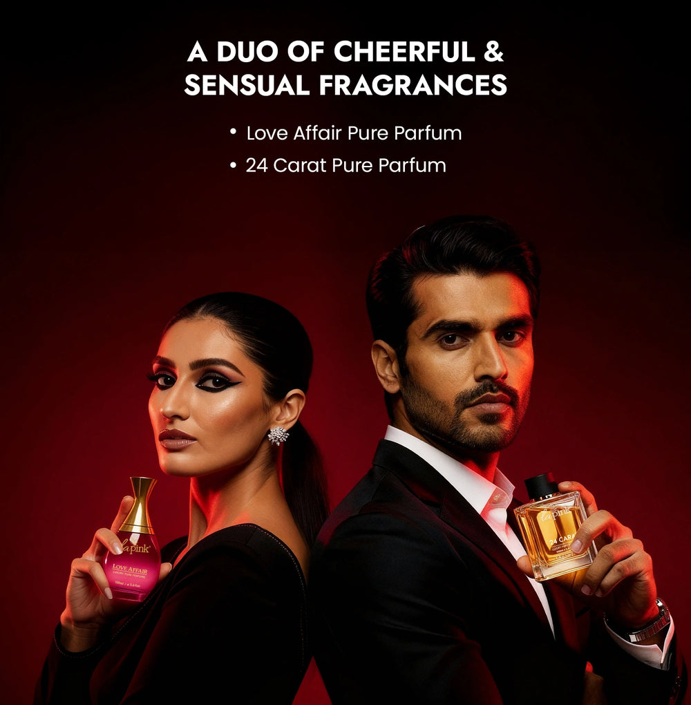 Man and woman holding perfume bottles with text about fragrances on a dark background