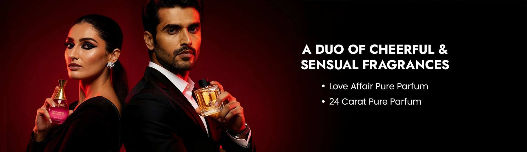 Man and woman holding perfume bottles with text about fragrances on a dark background