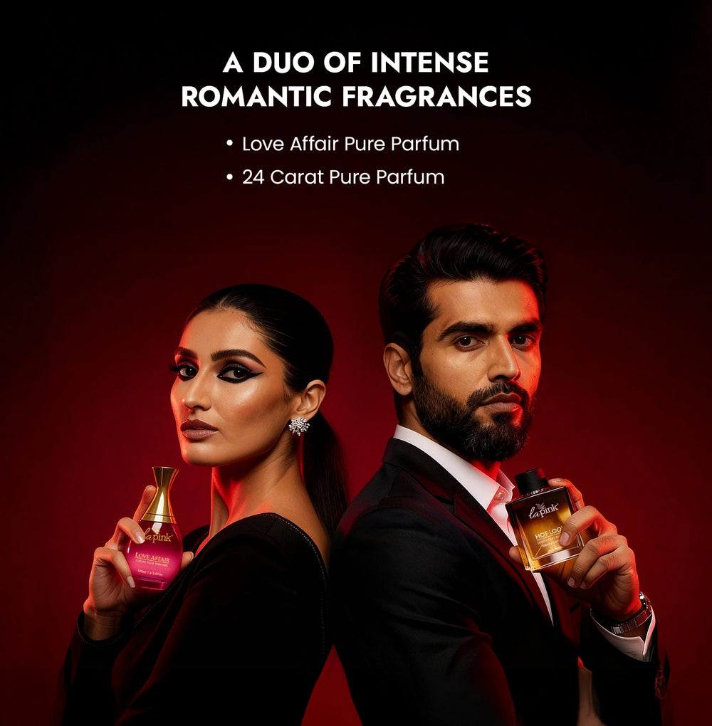 Man and woman holding perfume bottles with text about intense romantic fragrances on a dark background