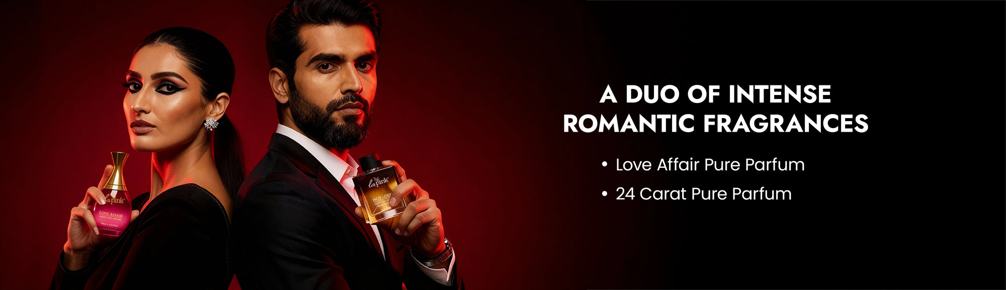 Two people holding perfume bottles with text about intense romantic fragrances on a dark background