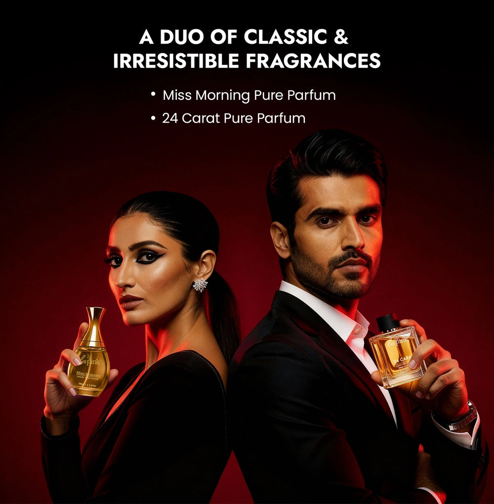 Man and woman holding perfume bottles with text about fragrances on a dark background