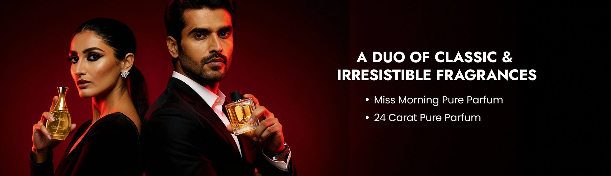 Two people holding bottles of perfume with text about a duo of pure fragrances.