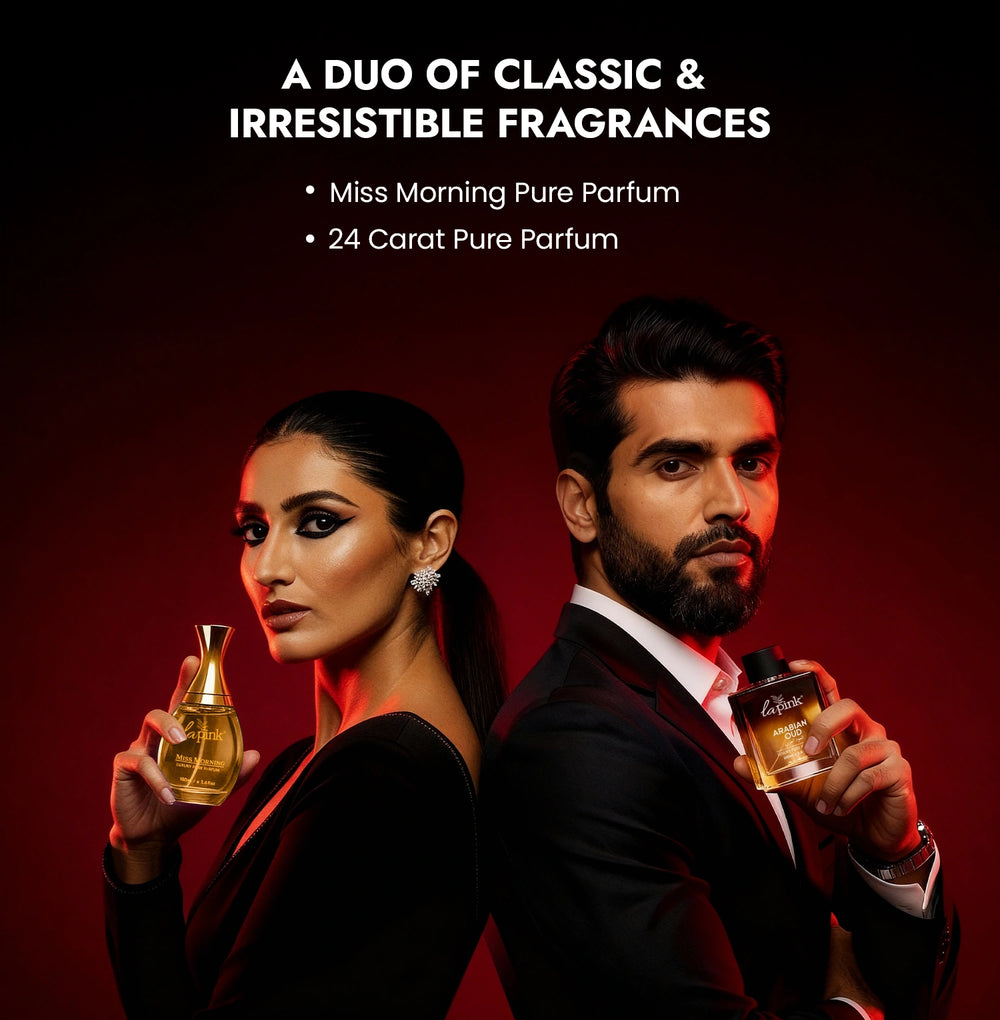 Two people holding parfums with text about classic and irresistible fragrances on a dark background