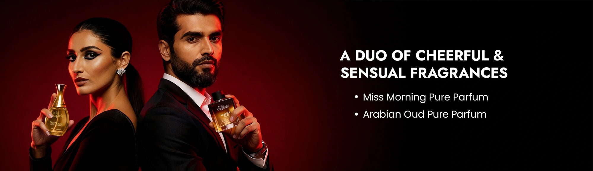Two people holding perfume bottles with text about fragrances on a dark background