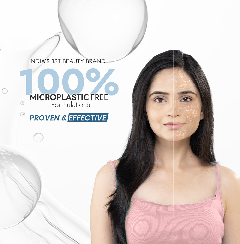 Woman with a clear complexion against a white background with text about a beauty brand's microplastic-free formulations.