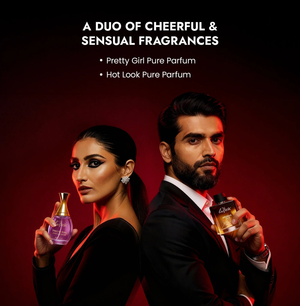 Two people holding perfume bottles with text about fragrances on a dark background