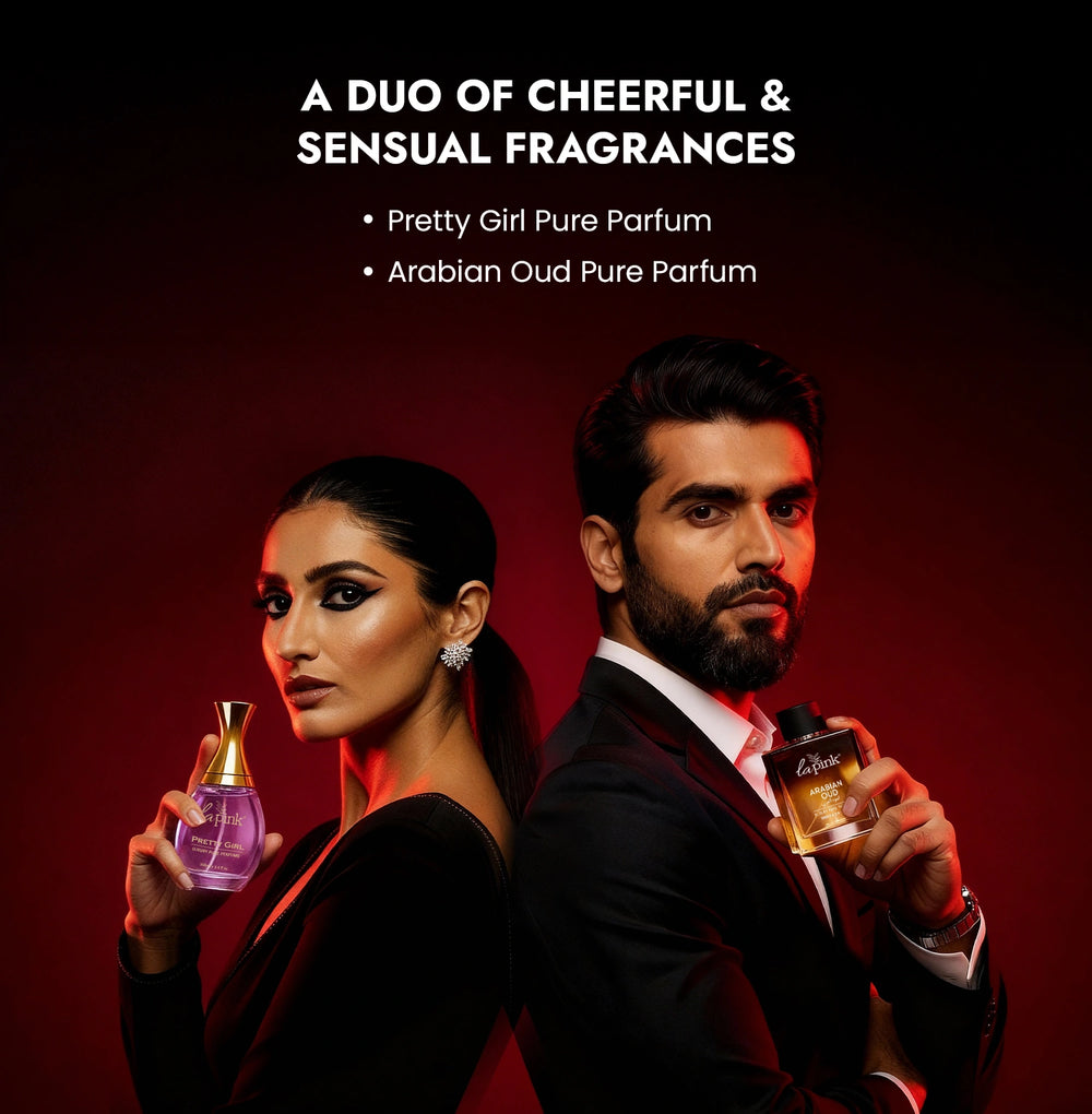 Two people holding perfume bottles with text about fragrances on a dark background