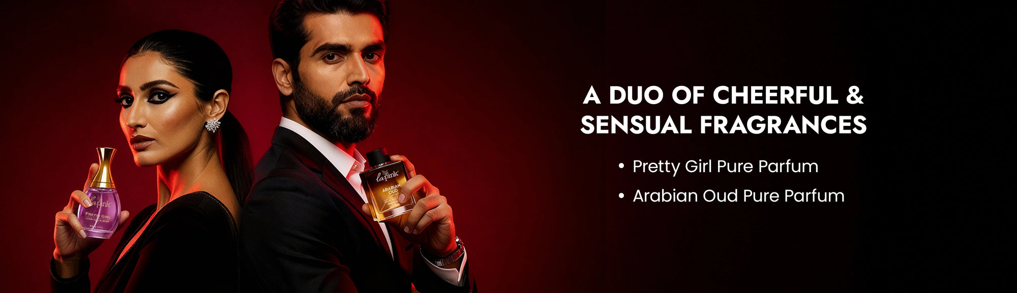 Two people holding perfume bottles with text about fragrances on a dark background