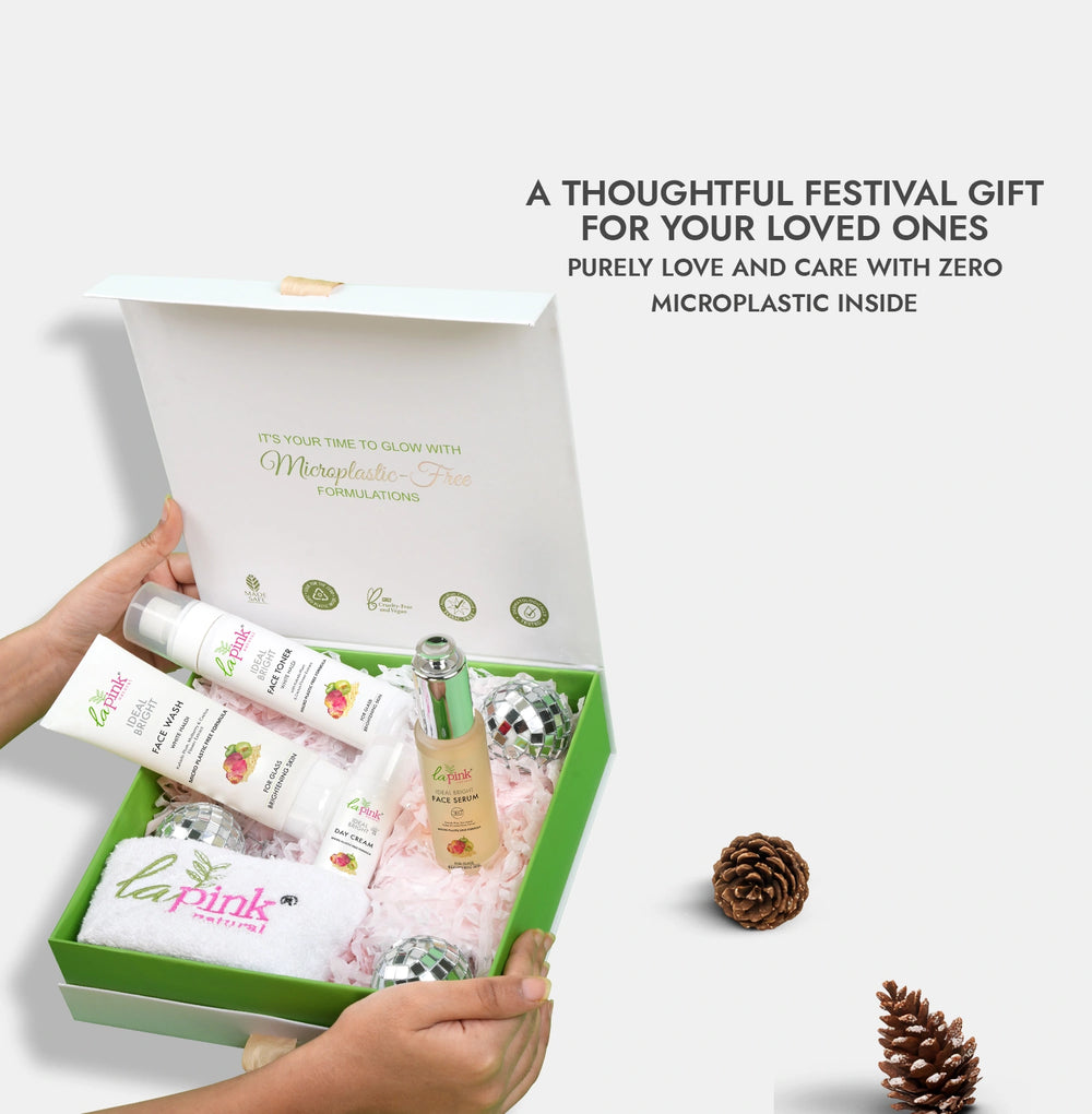Gift set with skincare products and a decorative item, labeled as a zero microplastic gift option.