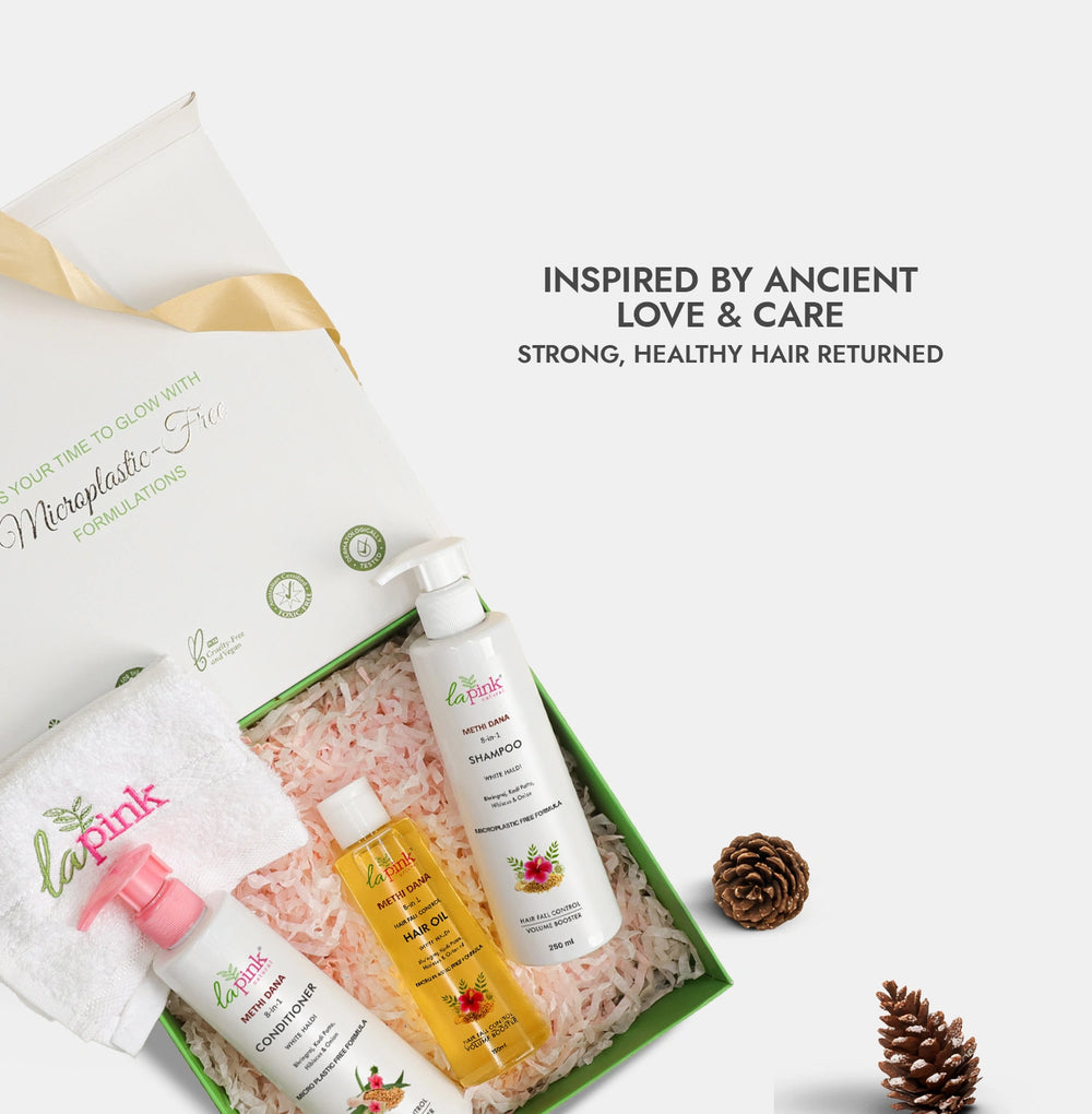 Set of hair care products with packaging on a white background