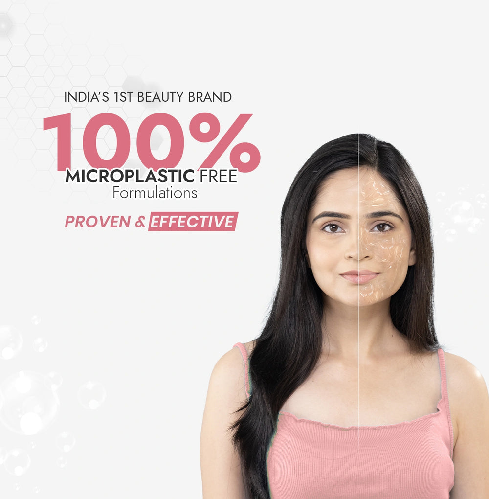 Woman with a clear face, promoting a beauty brand with text about microplastic-free formulations.