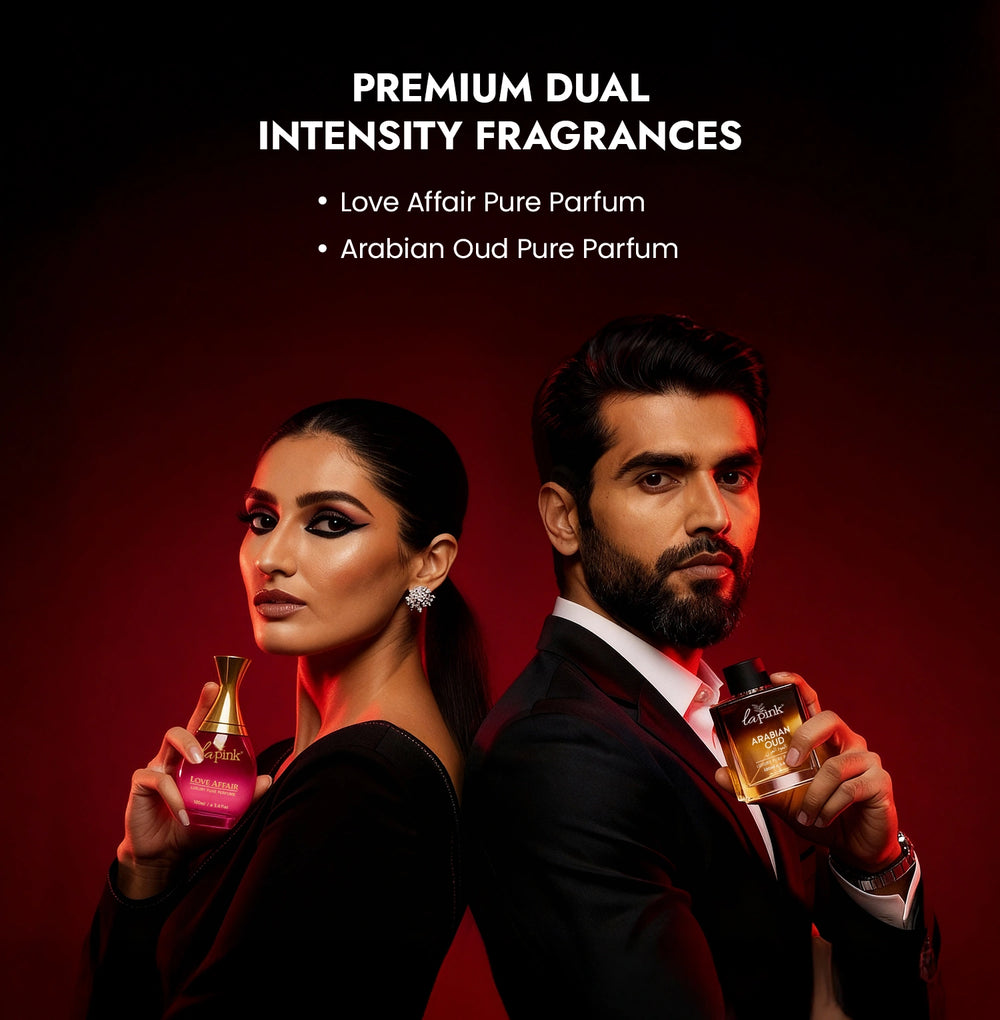 Man and woman holding perfume bottles with text about premium dual intensity fragrances on a dark background