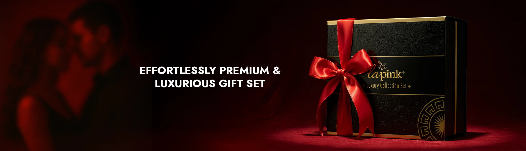 Luxurious gift set with a red ribbon on a dark background