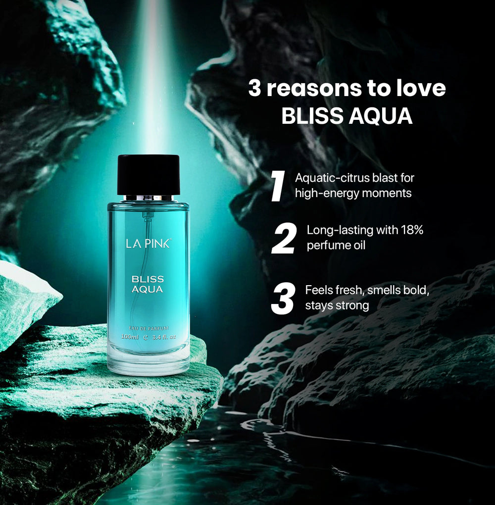 Perfume bottle labeled 'Bliss Aqua' on a rocky background with promotional text.