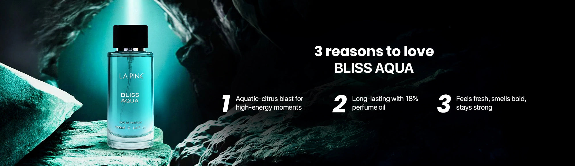Perfume bottle labeled 'Bliss Aqua' with three reasons to love it on a dark background.