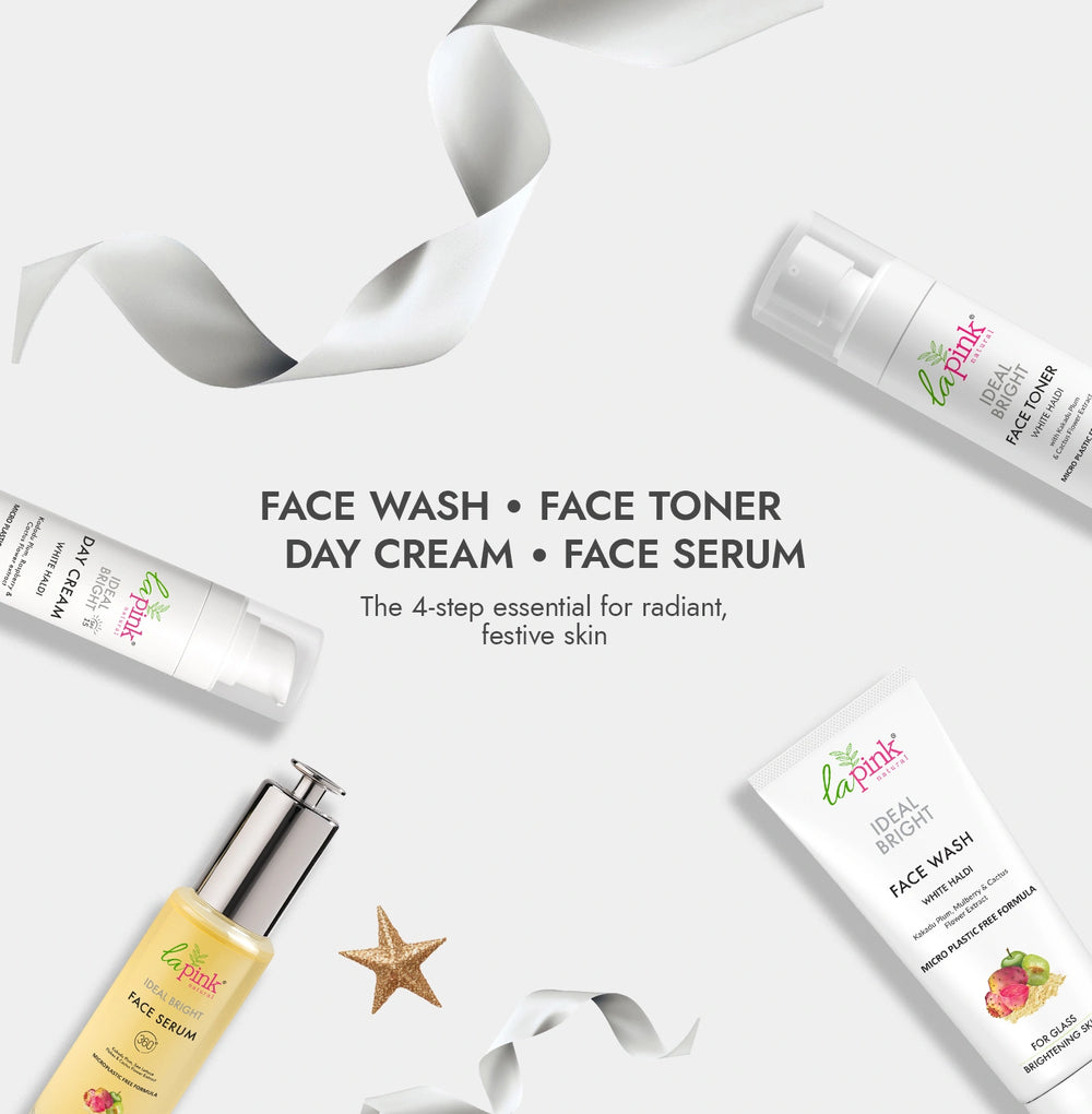 La Pink skincare products including face wash, toner, day cream, and serum on a white background with ribbons.