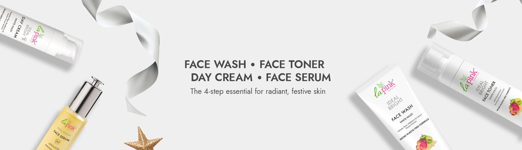 Cosmetic products including face wash, toner, day cream, and serum with branding on a white background.