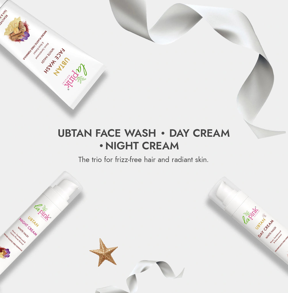 UBTAN skincare products including face wash, day cream, and night cream on a white background with ribbons.