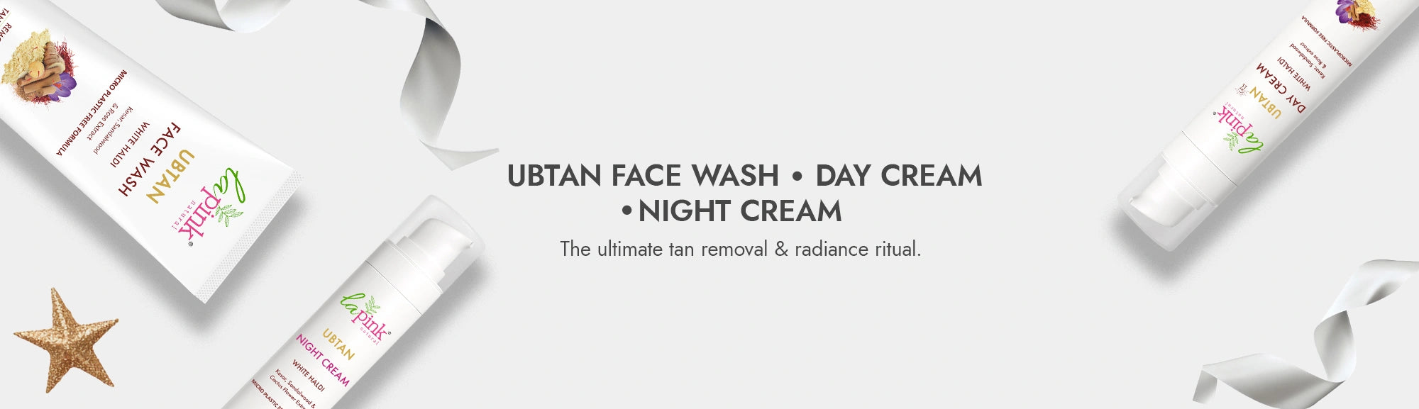 UBTAN skincare products including face wash, day cream, and night cream on a white background.