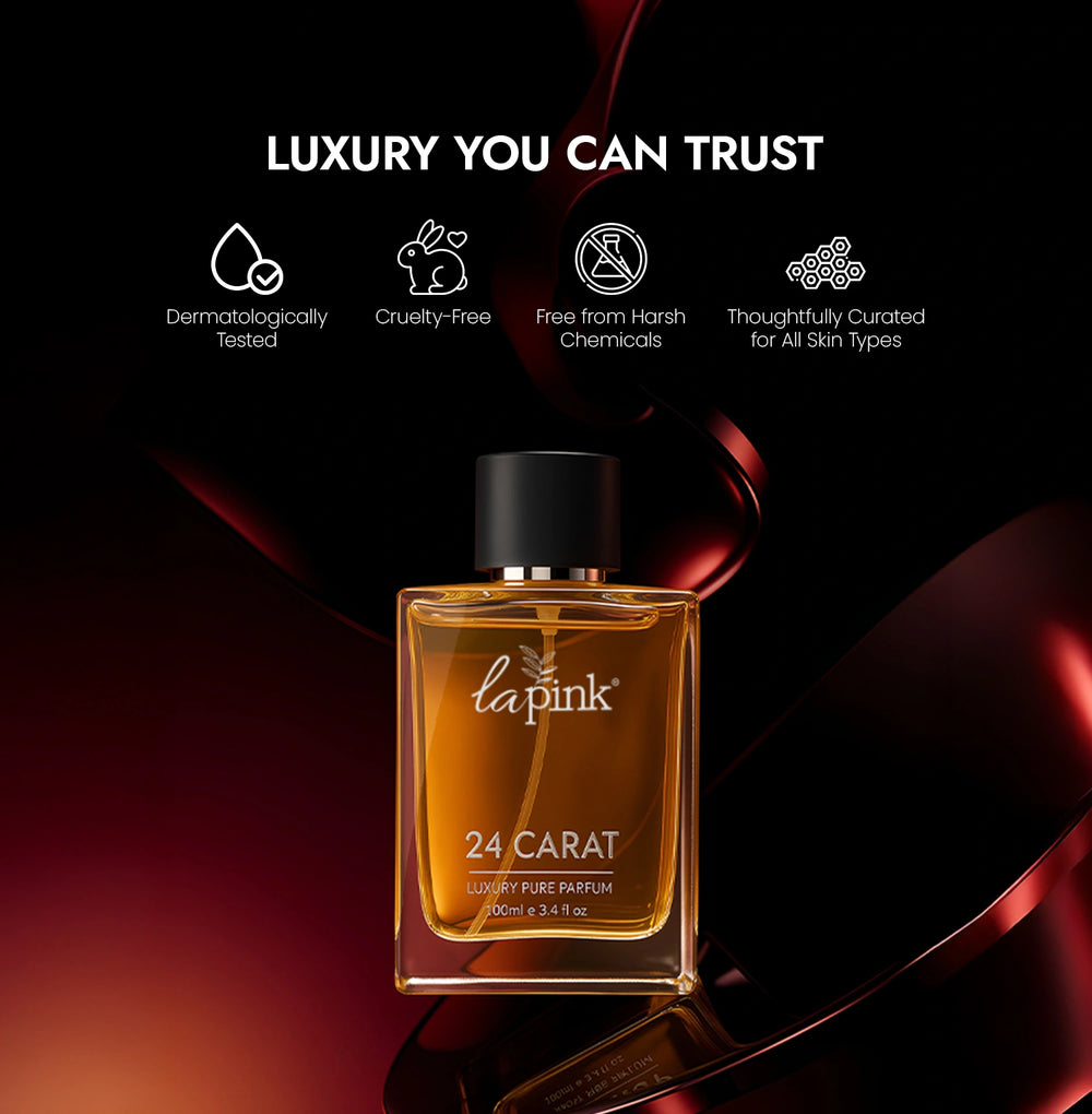 Perfume bottle labeled '24 Carat' by 'lapink' with brand trustworthiness icons on a dark background.