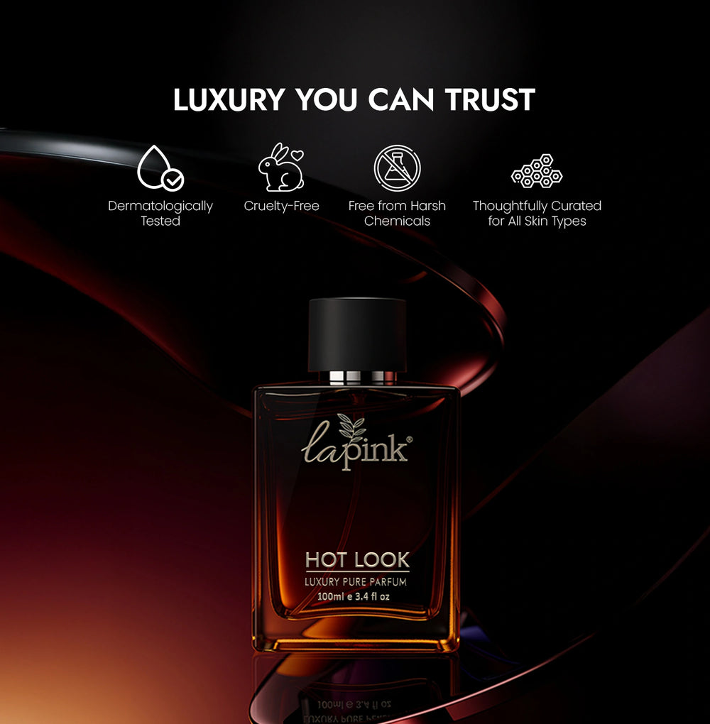 Perfume bottle with 'lapink' branding on a dark background with product features listed.