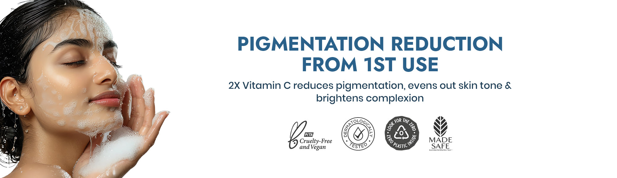 Woman applying cream with text about pigmentation reduction and product certifications.
