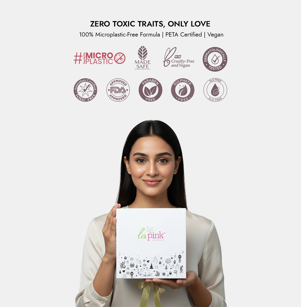 Woman holding a product box with 'la pink' branding against a white background with certification logos.
