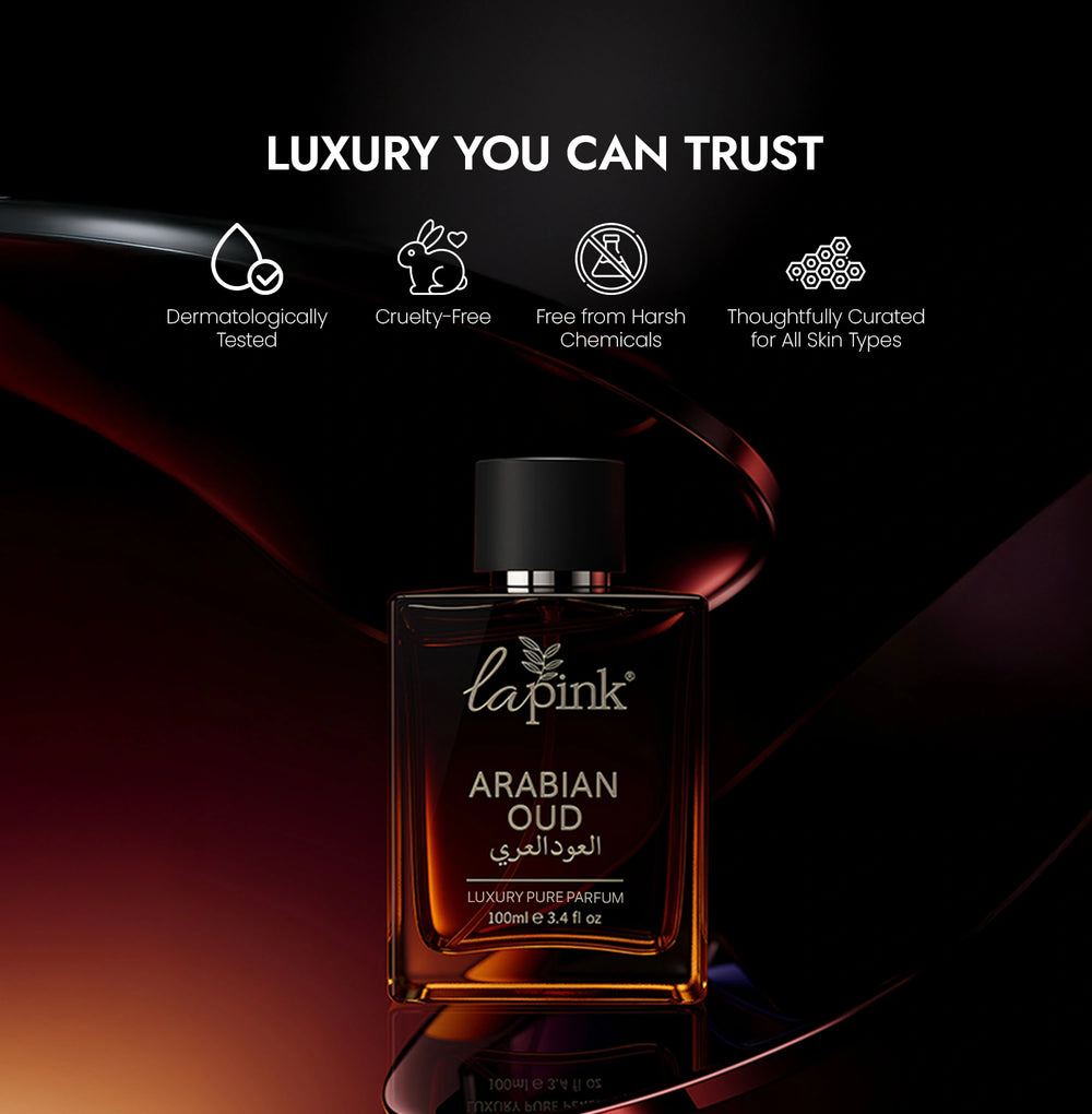 Lapink Arabian Oud perfume bottle with brand promises on a dark background