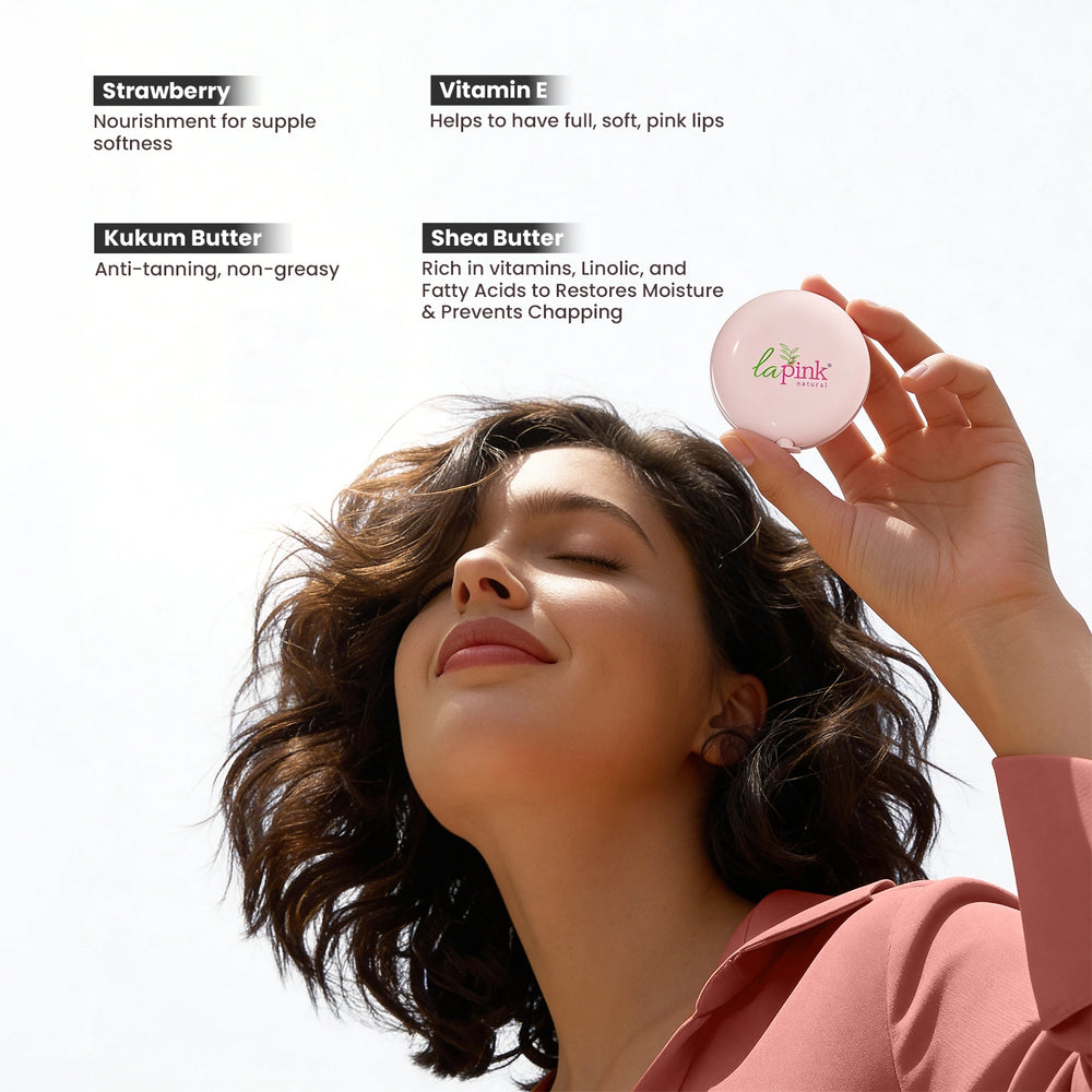 Woman holding a pink lip balm with product features listed on a white background
