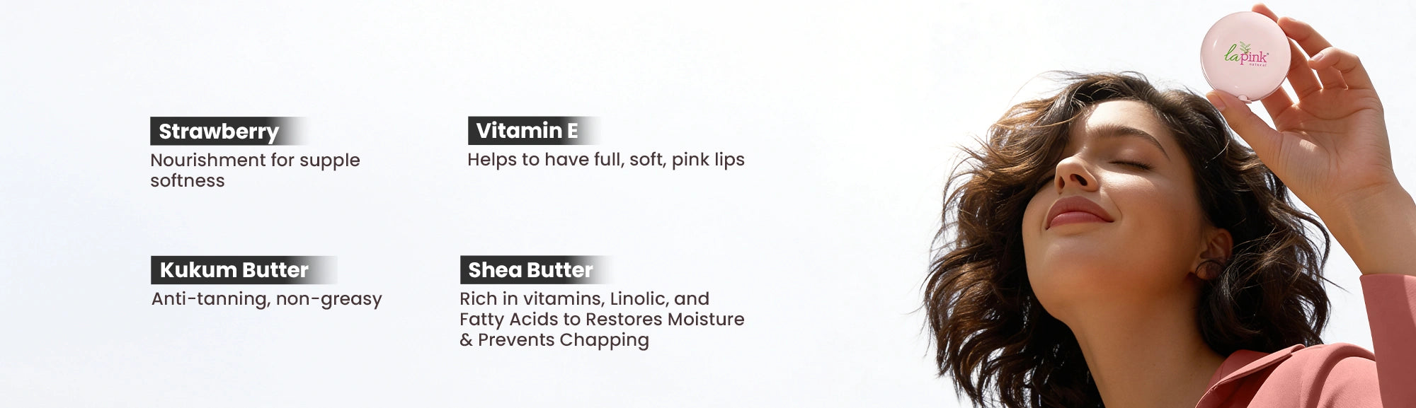 Woman holding a lip balm with product features listed on a white background