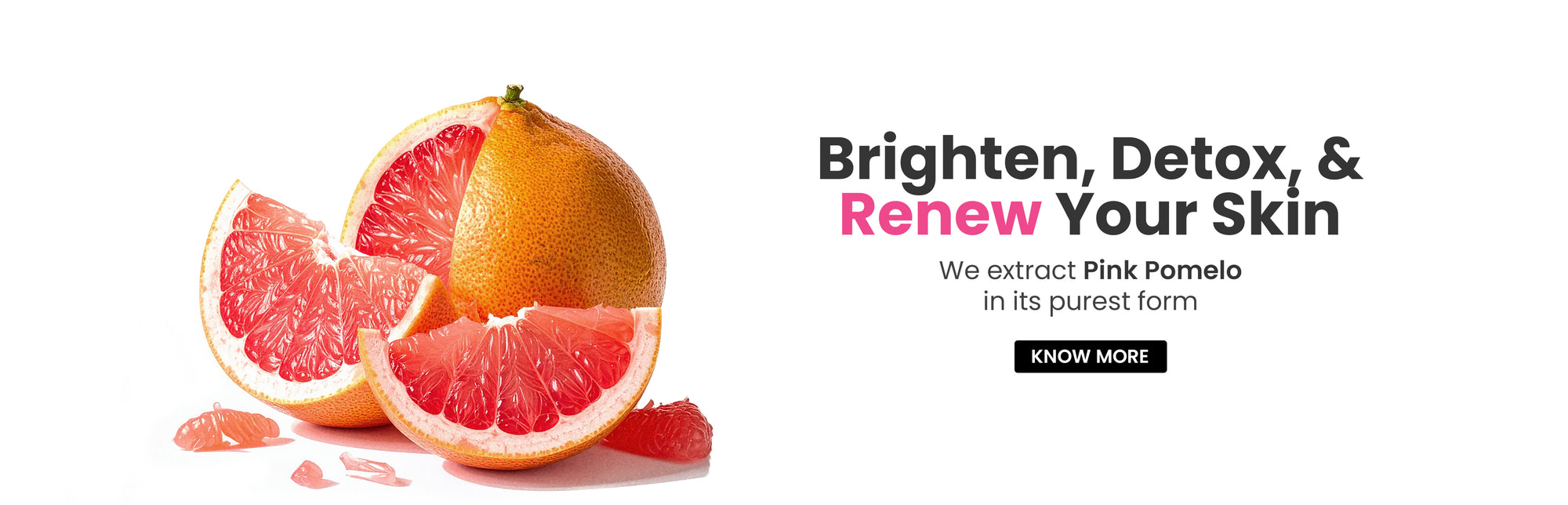Pink pomelo fruit with a promotional text about skin care on a white background