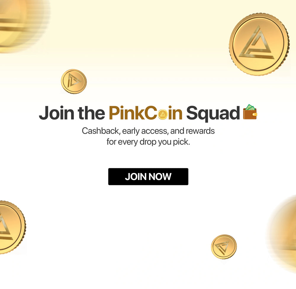 Promotional graphic for joining the PinkCoin Squad with gold coins and a 'Join Now' button.