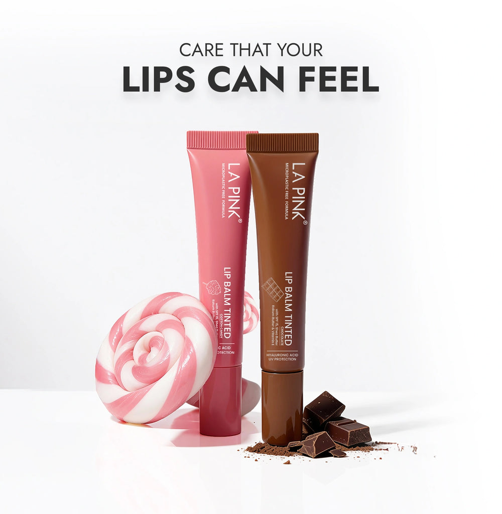 Two lip balm tubes with a lollipop and chocolate pieces on a white background, featuring the brand 'La Pink'.