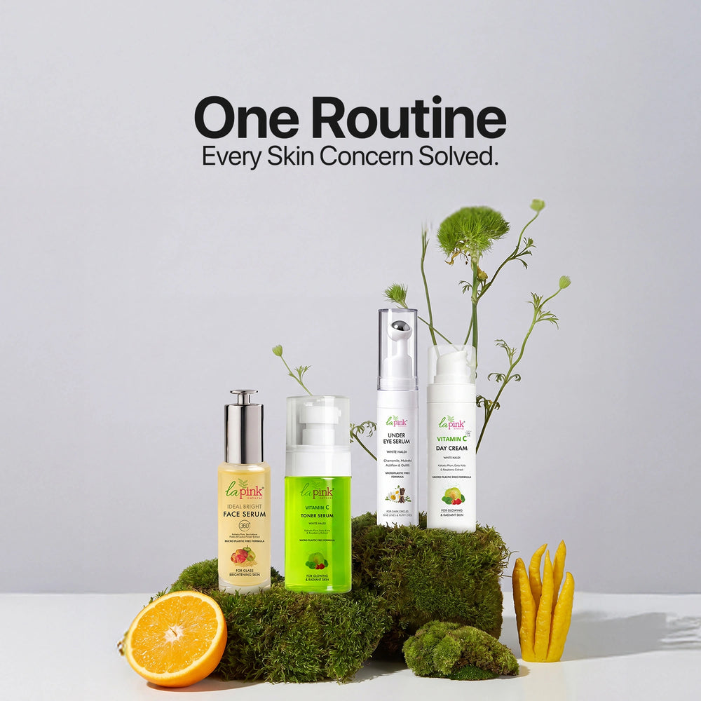 Skincare products on a decorative stand with 'One Routine' text and a gray background