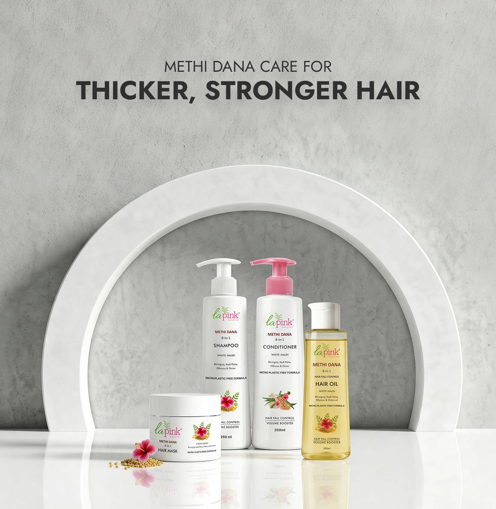Methi Dana hair care products on a gray background with text about thicker, stronger hair.
