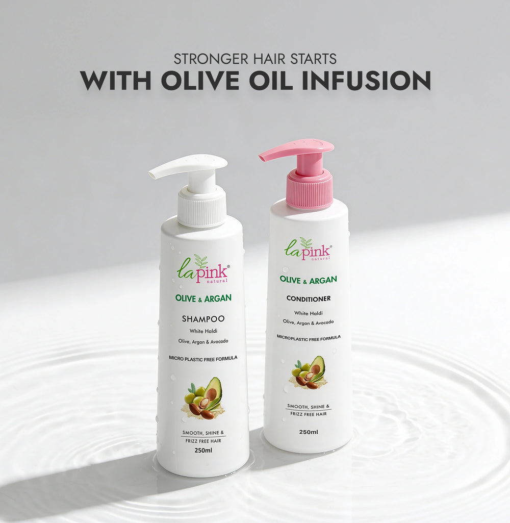 La Pink Olive & Argan shampoo and conditioner bottles on a white background with text about olive oil infusion.
