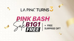 Promotional banner for LA Pink's 3rd anniversary with 'Pink Bash' offer on a light background.