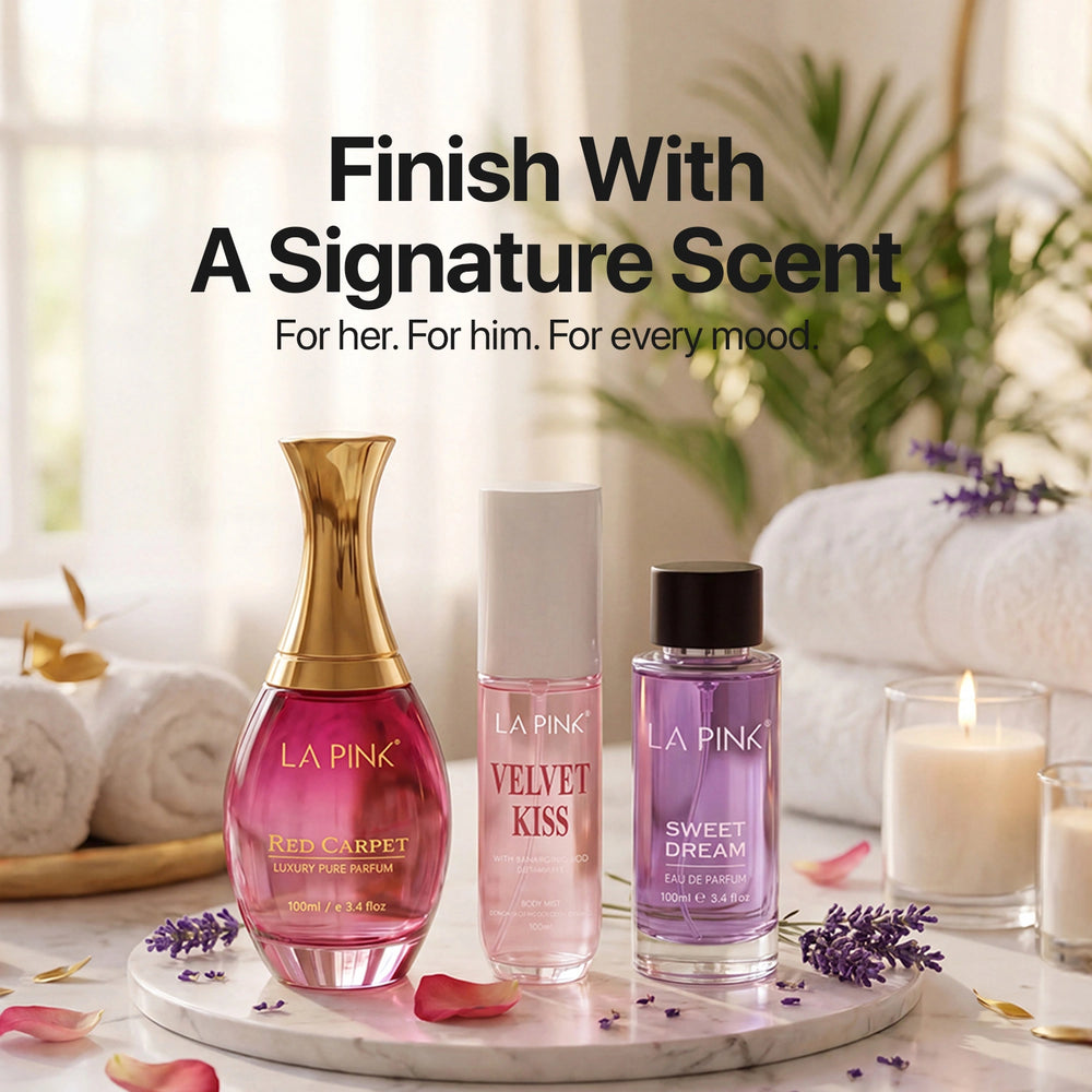 Three perfume bottles on a marble tray with decorative elements and text about a signature scent.