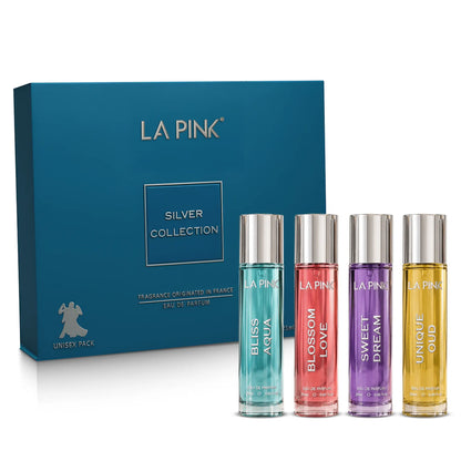 LA PINK Silver Collection unisex fragrance set, featuring a blue gift box and four 10ml rollerball bottles with silver caps in blue, pink, purple, and yellow shades.


