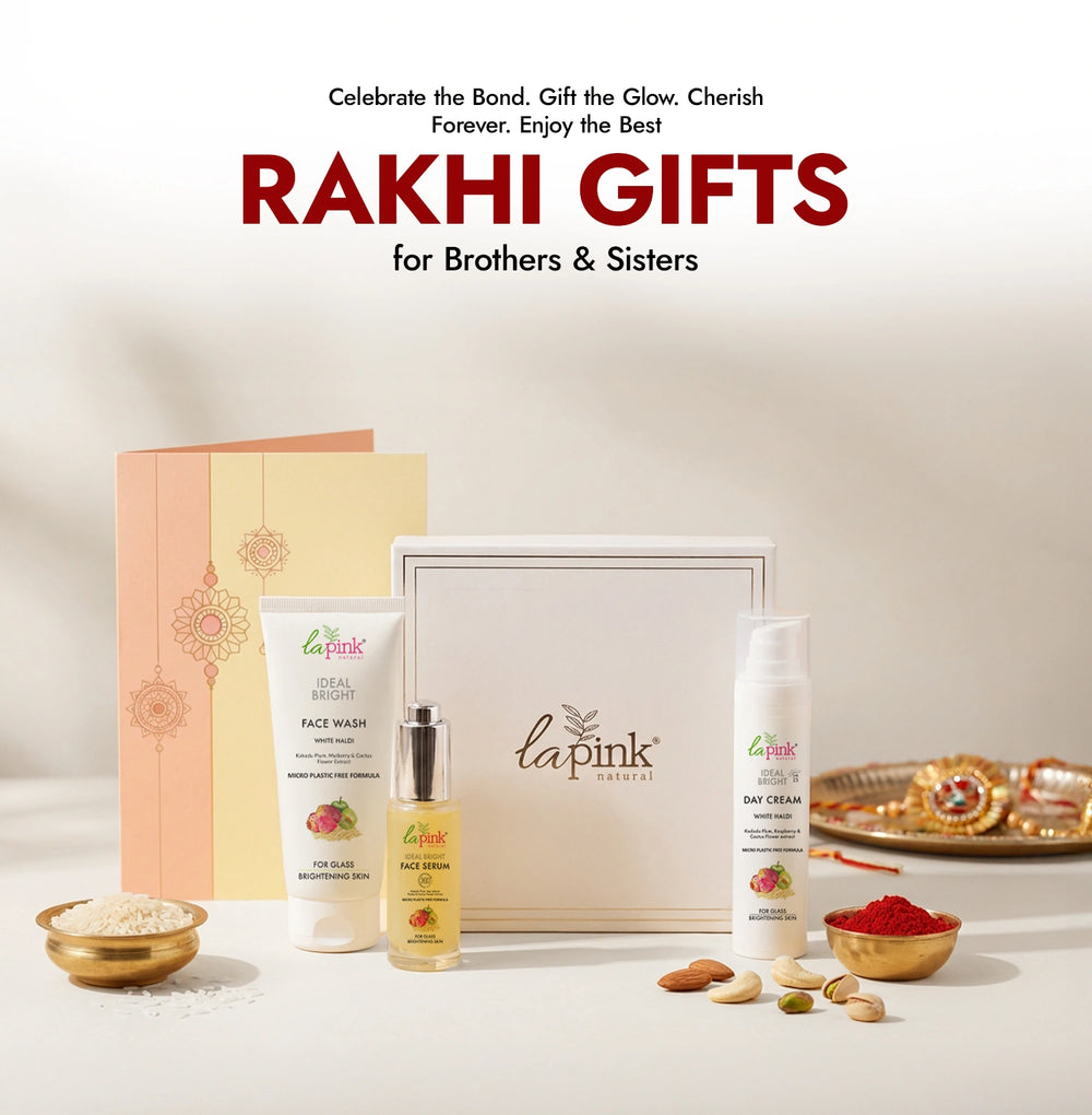 Rakhi gift set with skincare products and traditional items on a light background