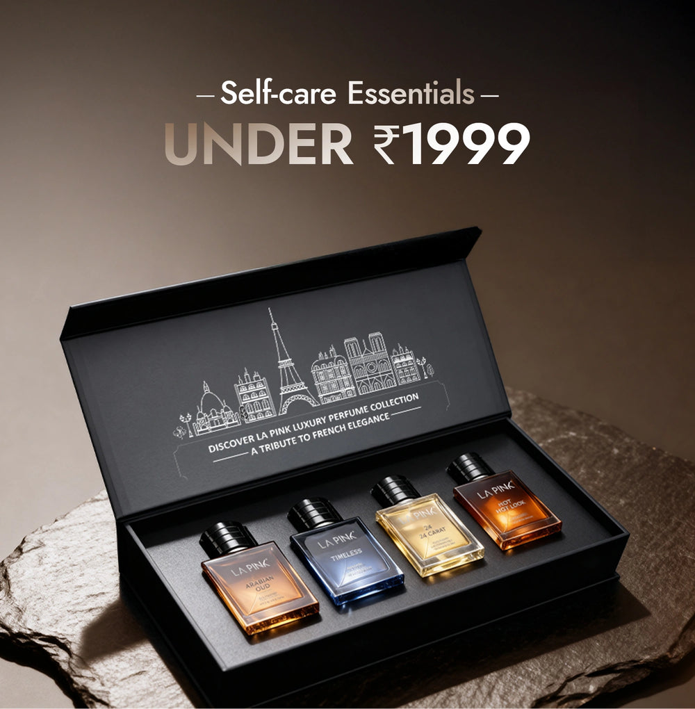 Set of La Plume luxury perfume bottles in a box with text 'Self-care Essentials UNDER ₹1999'.