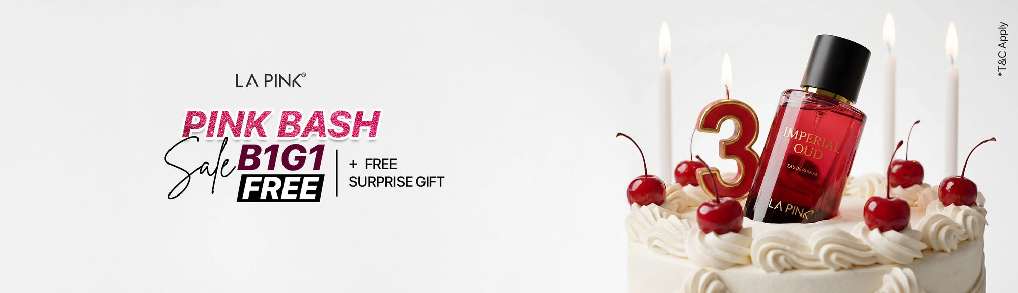 La Pink Pink Bash promotion with candles and a bottle of perfume on a white background