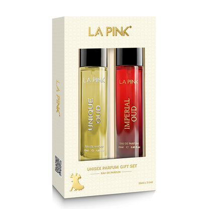 La Pink perfume gift set with two bottles in a box on a white background