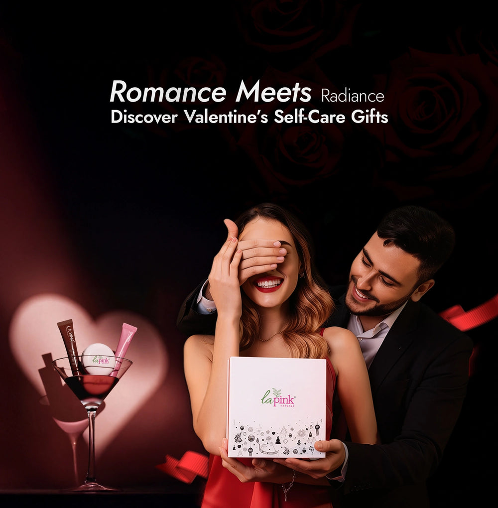 Couple with a gift box and 'La Pink' branding, romantic theme.