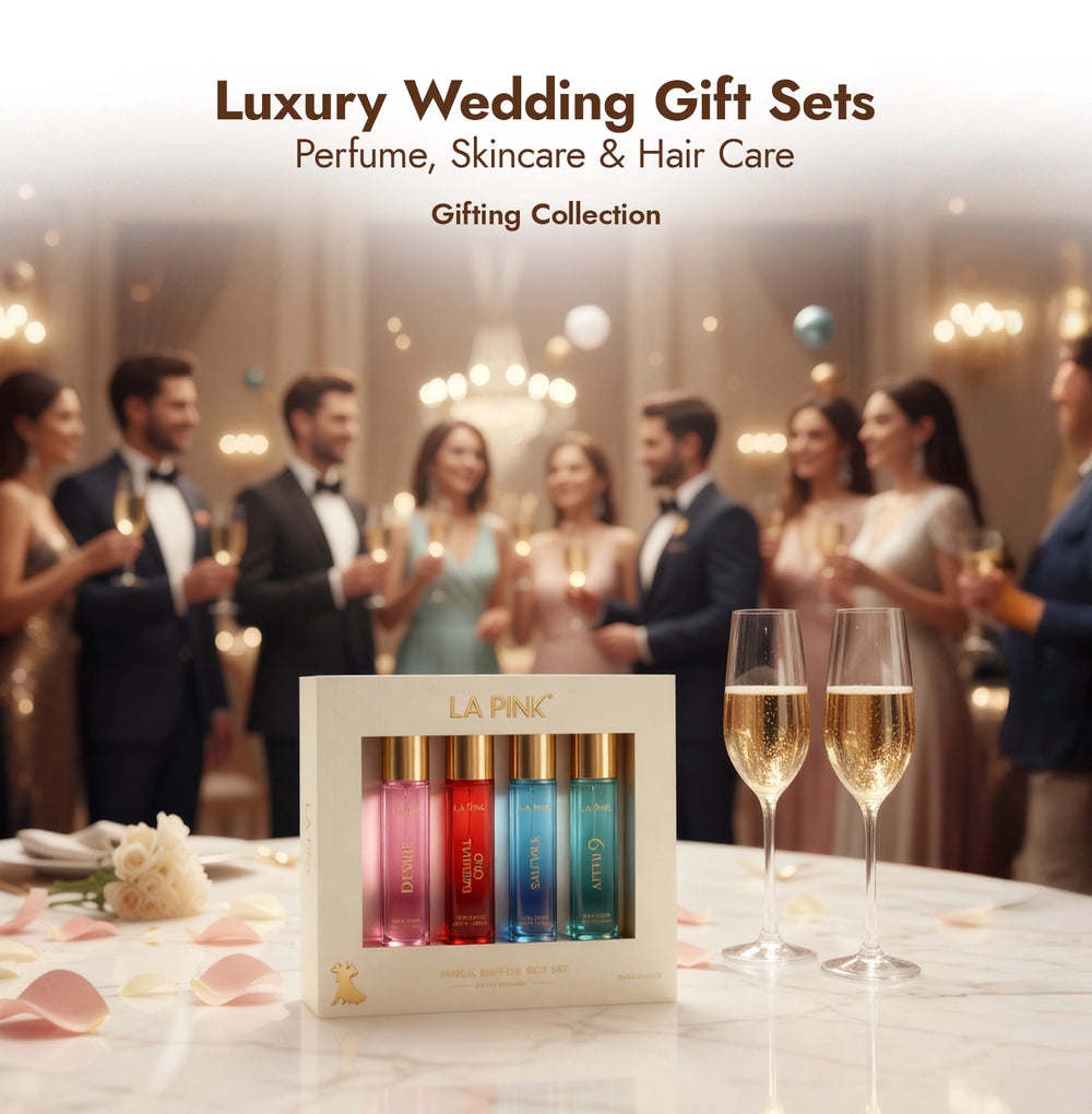 Luxury wedding gift set with La Pink perfume bottles on a table with people in formal attire in the background.