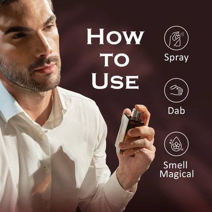 A man in a white dress shirt holds a small perfume bottle next to a dark brown background with white text reading &