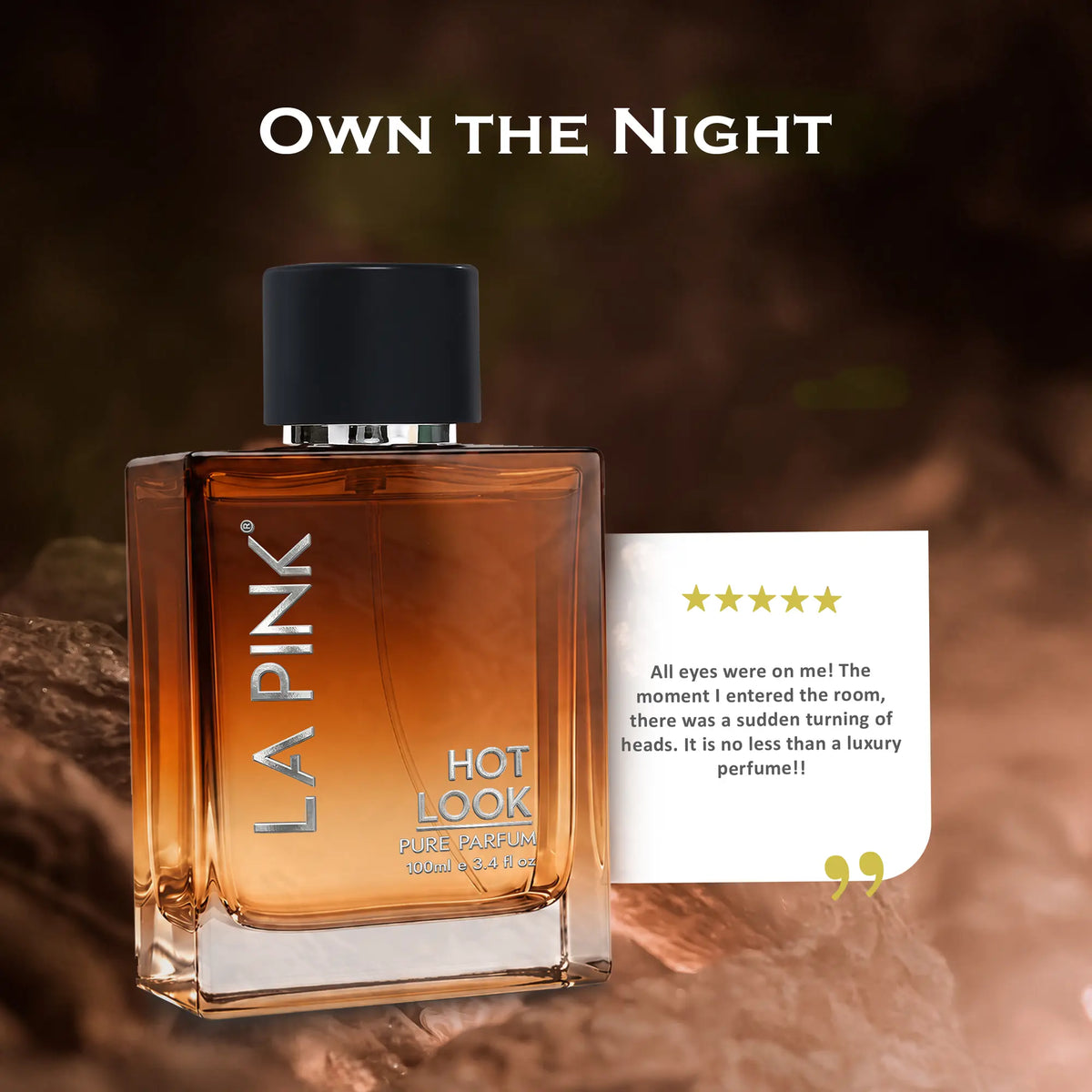 LA PINK Hot Look Pure Poudrée perfume bottle with amber liquid and a black cap, shown next to a white star review card with the headline &