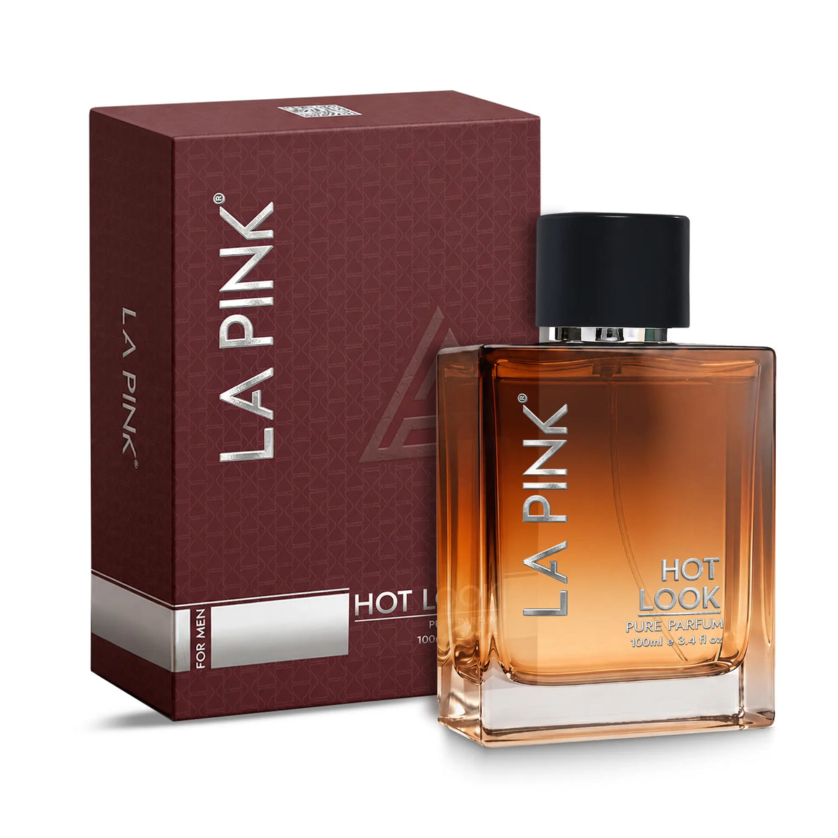 LA PINK Hot Look Pure Parfum for men, featuring a clear rectangular glass bottle filled with amber-colored liquid and a black cap, displayed next to its dark red packaging box with silver lettering.

