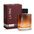 LA PINK Hot Look Pure Parfum for men, featuring a clear rectangular glass bottle filled with amber-colored liquid and a black cap, displayed next to its dark red packaging box with silver lettering.

